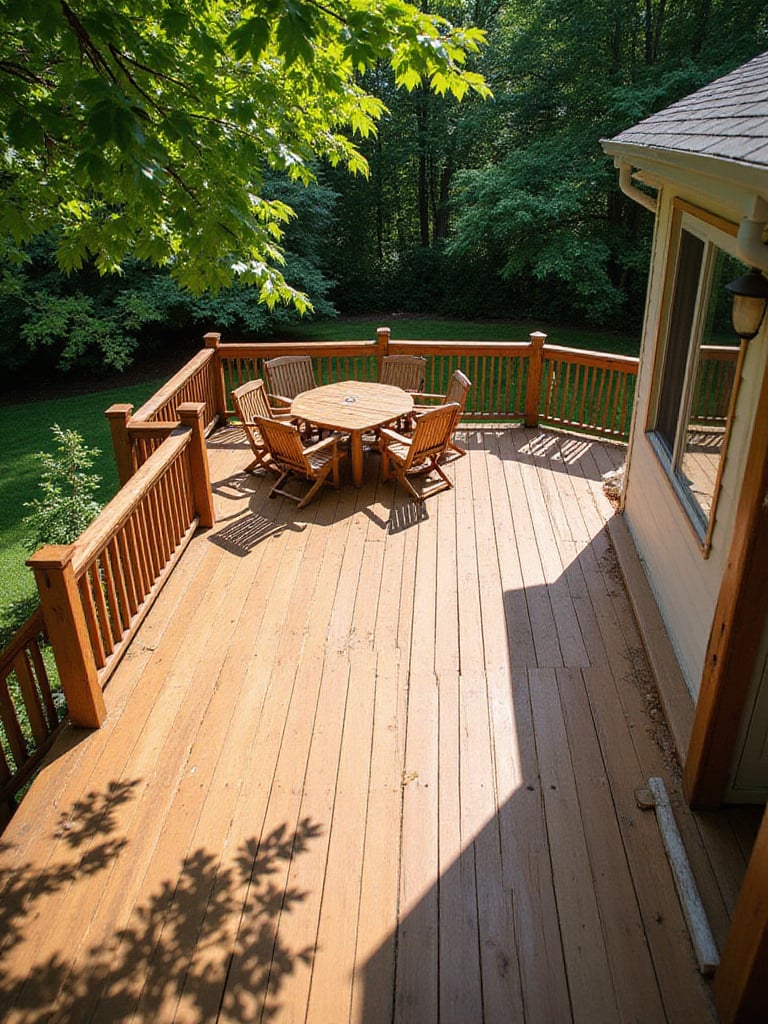 Classic wooden deck extending into a lush green garden, featuring comfortable outdoor furniture.