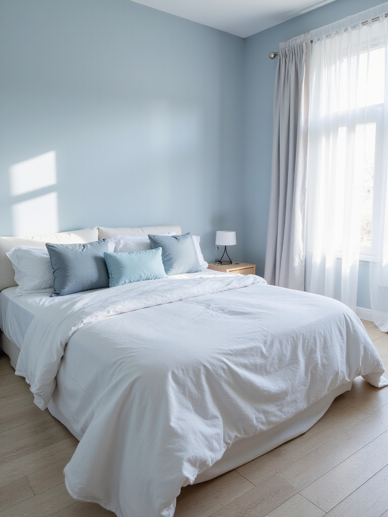 Serene bedroom with pale blue walls and natural light