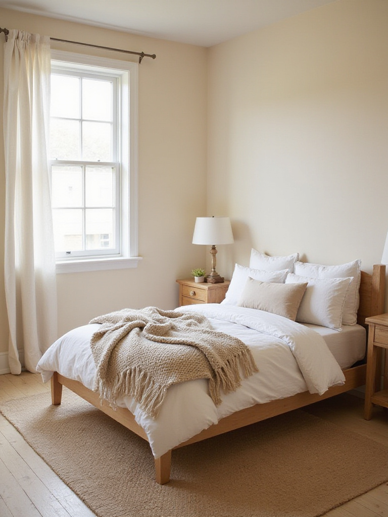 Serene farmhouse bedroom with neutral color palette and layered textures.