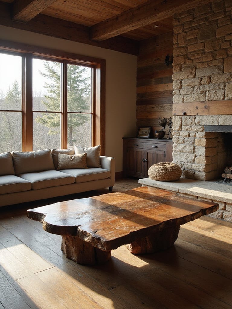 Rustic living room with natural wood tones, stone fireplace, and reclaimed wood wall.