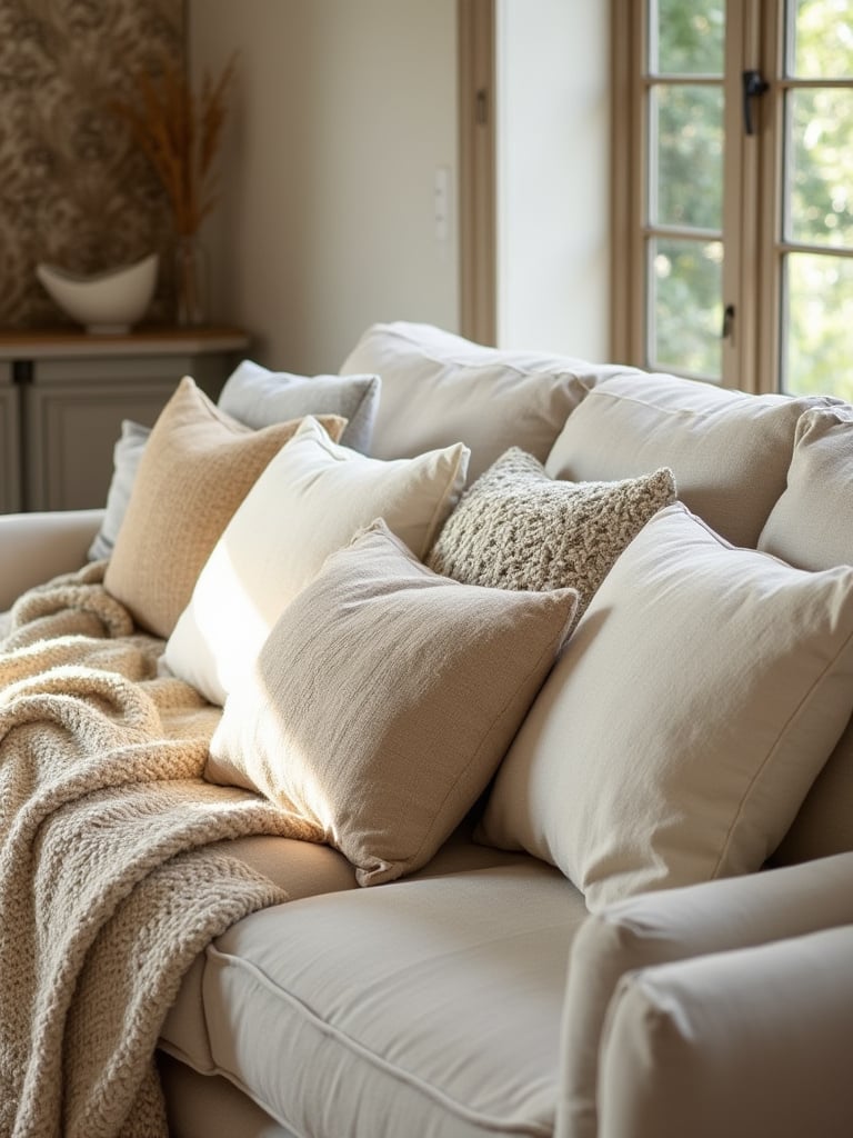 Rustic living room with beige linen couch and collection of natural fiber pillows in neutral tones.
