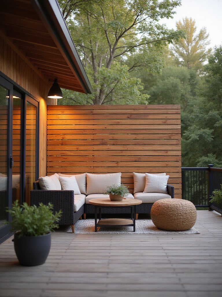 Modern deck with cedar privacy screen and comfortable outdoor seating.