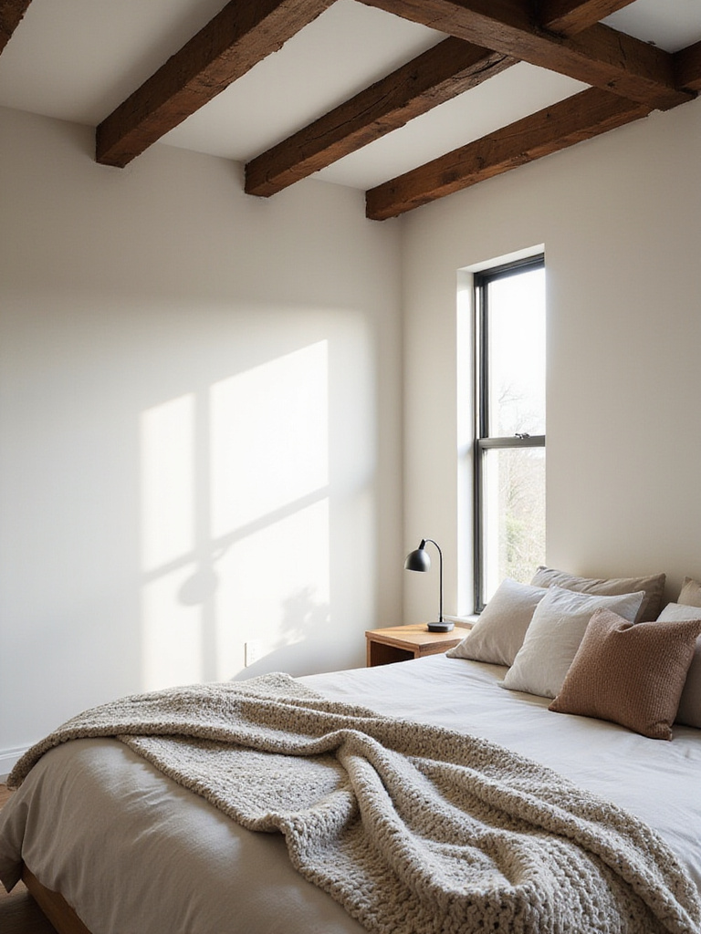 Farmhouse bedroom with exposed wood beams on the ceiling