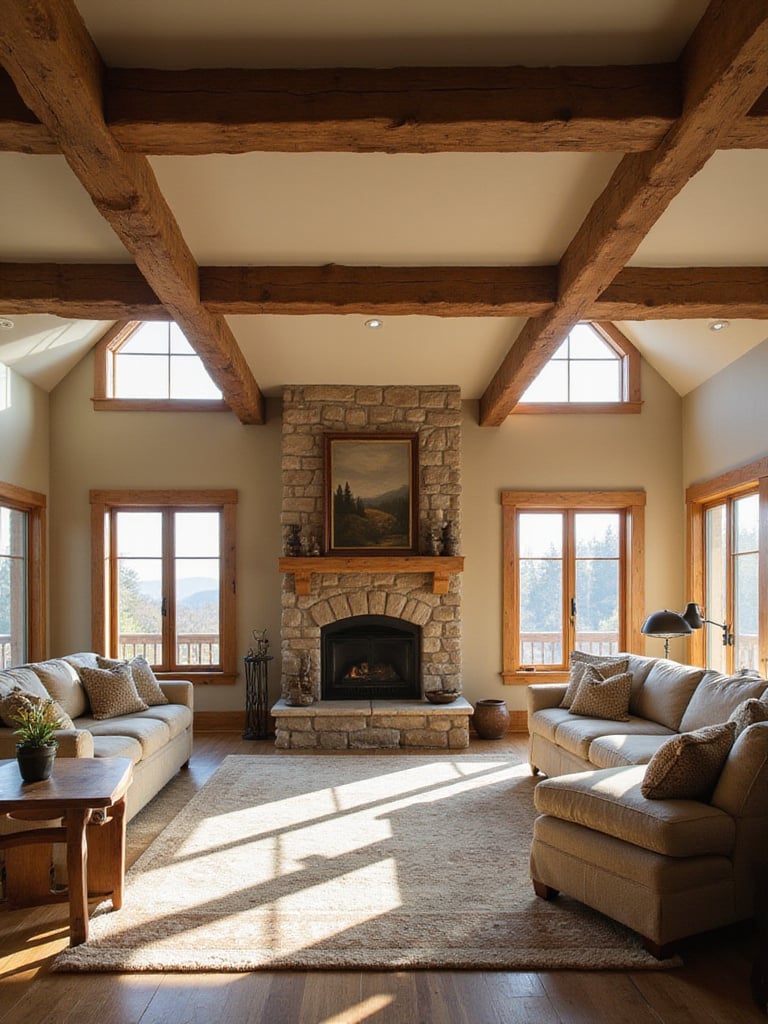 Rustic living room with exposed wooden beams adding authentic charm