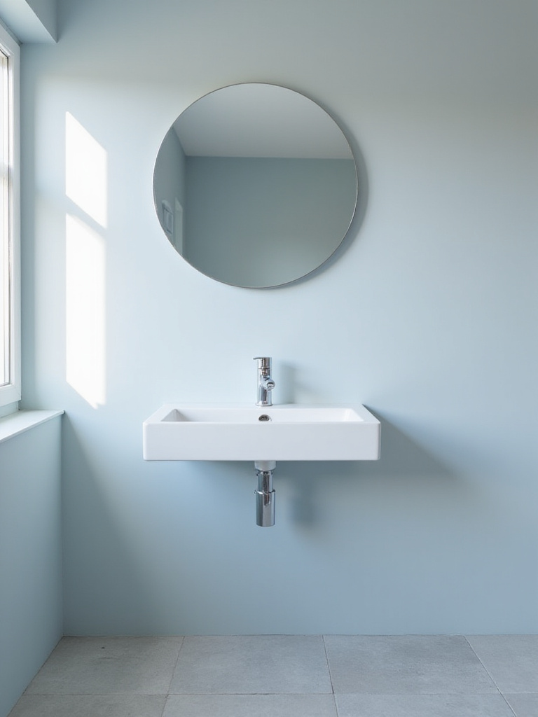 Small bathroom with white wall-mounted sink and open floor space