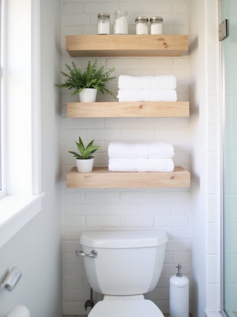 Small bathroom with light wood floating shelves for storage.
