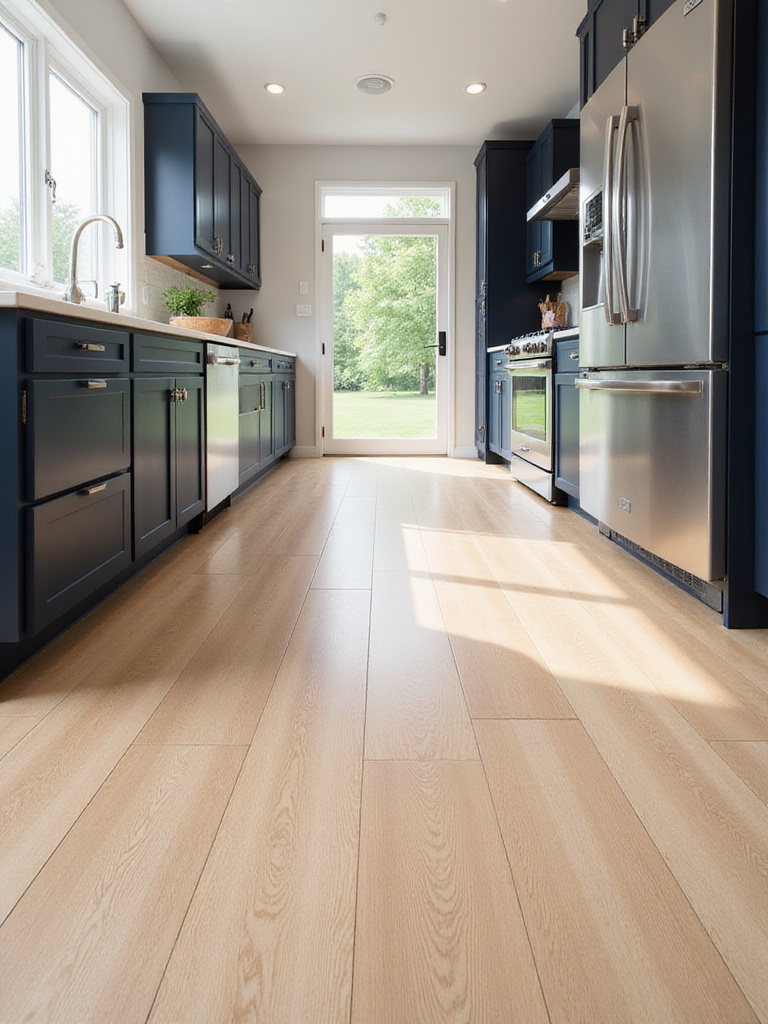 Modern kitchen with light wood-look luxury vinyl plank flooring and dark blue cabinets.