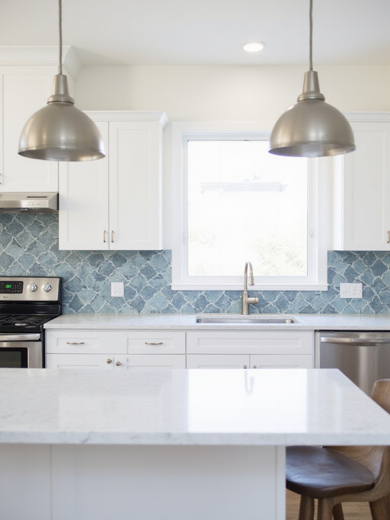 Modern kitchen with a newly installed geometric patterned backsplash and stylish pendant lights
