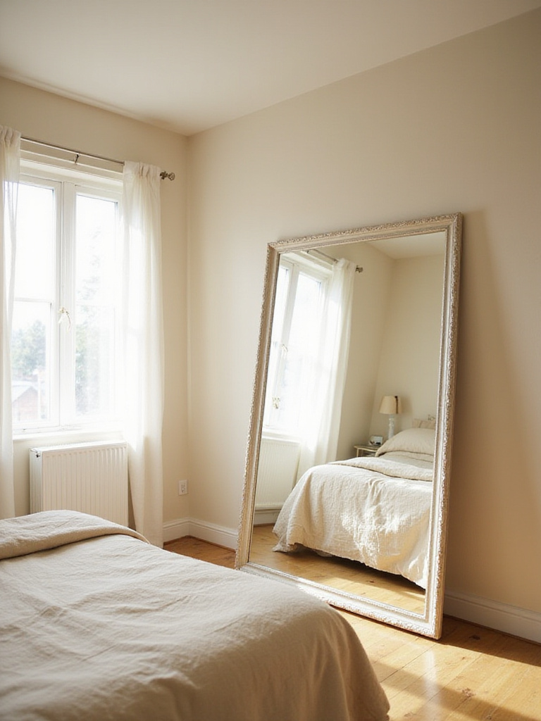 Beige bedroom with full-length mirror enhancing light and space