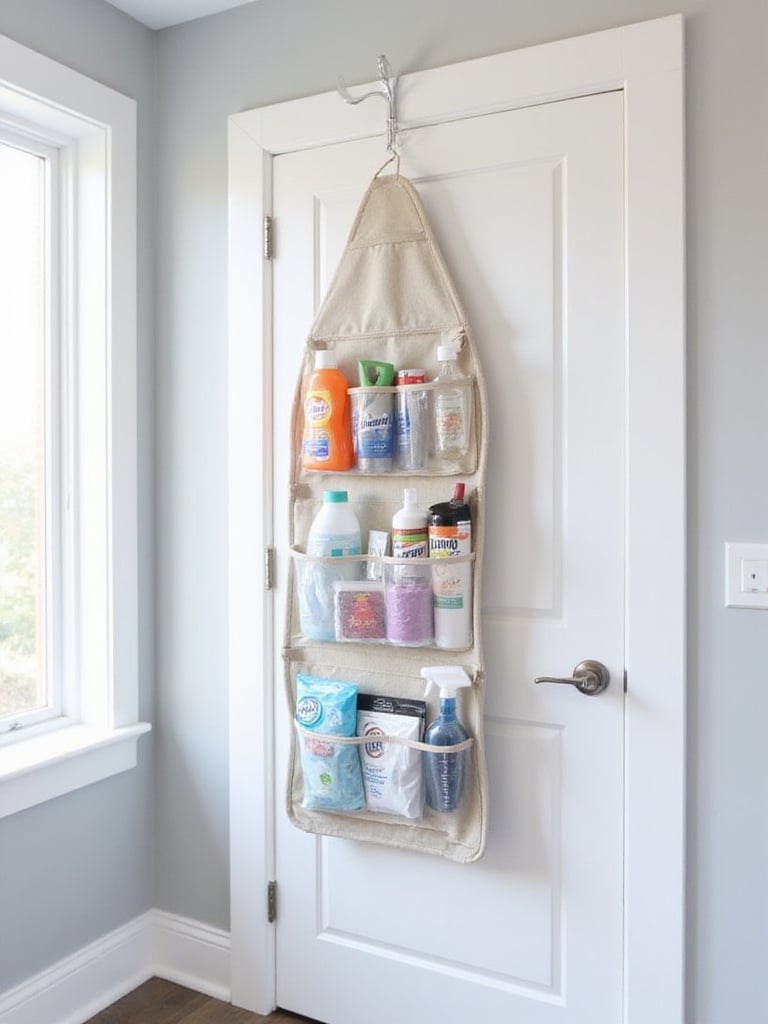 Laundry room with an over-the-door organizer filled with laundry supplies and an ironing board hanging on a hook.