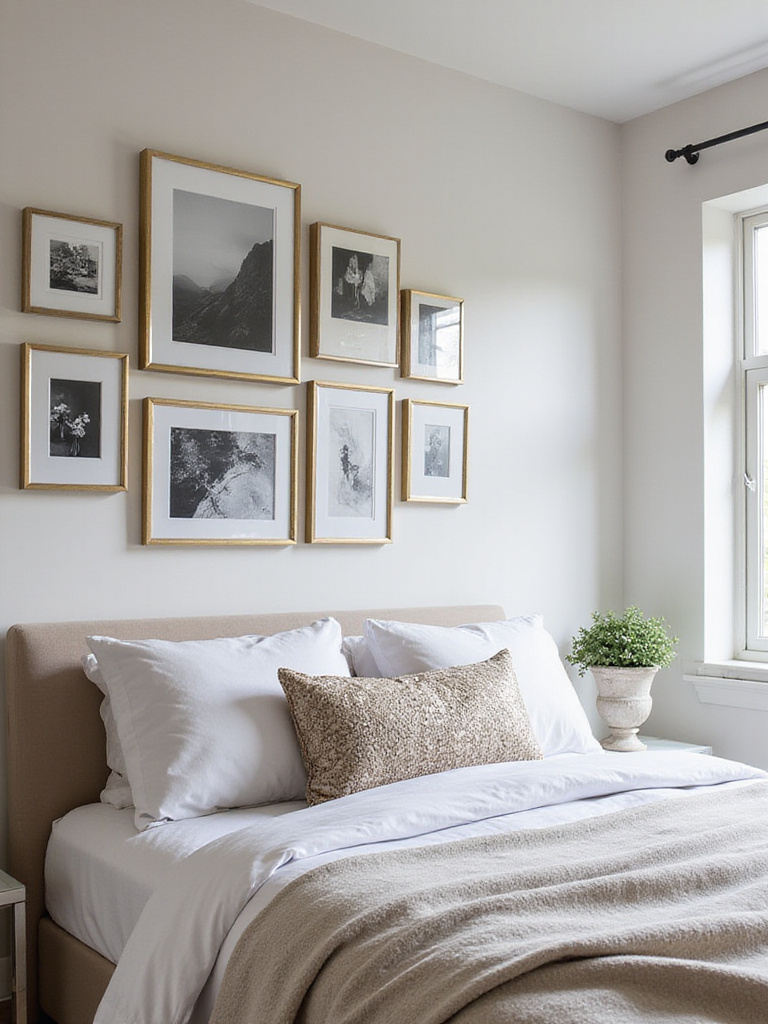 Glamorous bedroom gallery wall with mixed metallic frames displaying art and photos.