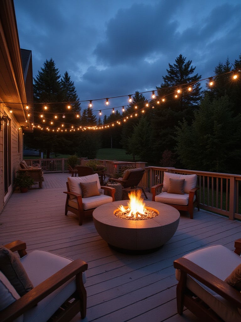 Cozy deck with propane fire pit and comfortable seating at dusk