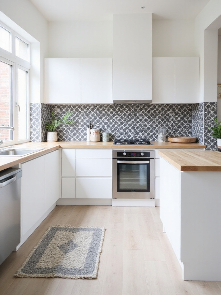 Modern kitchen with geometric tile backsplash and rug
