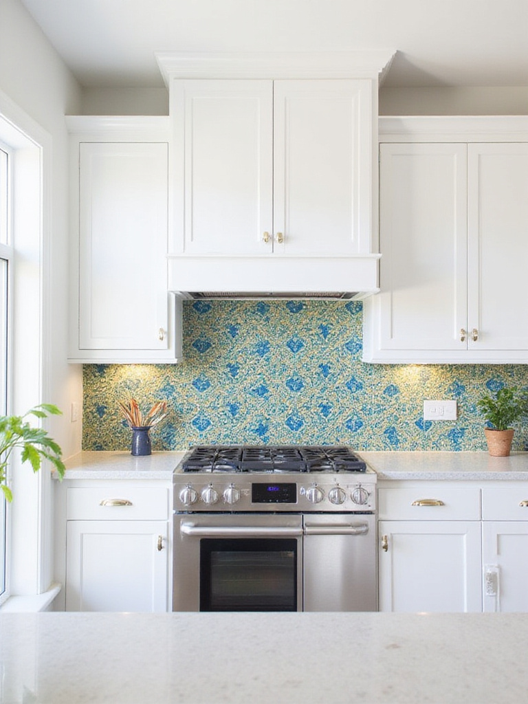 A white kitchen featuring white shaker cabinets, white countertops, and a bold statement backsplash made of colorful patterned ceramic tile.