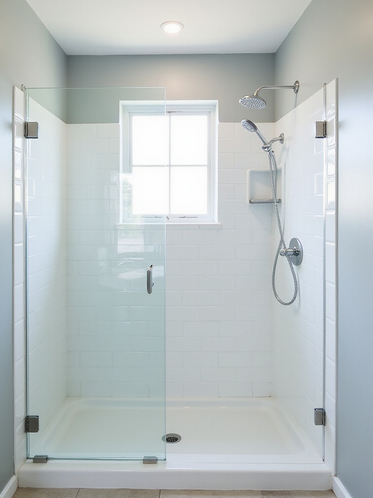 Small bathroom with frameless glass shower enclosure creating an open and airy feel