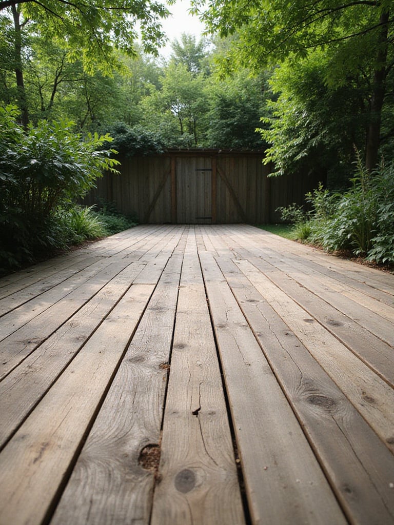 Rustic reclaimed wood deck surrounded by lush greenery.