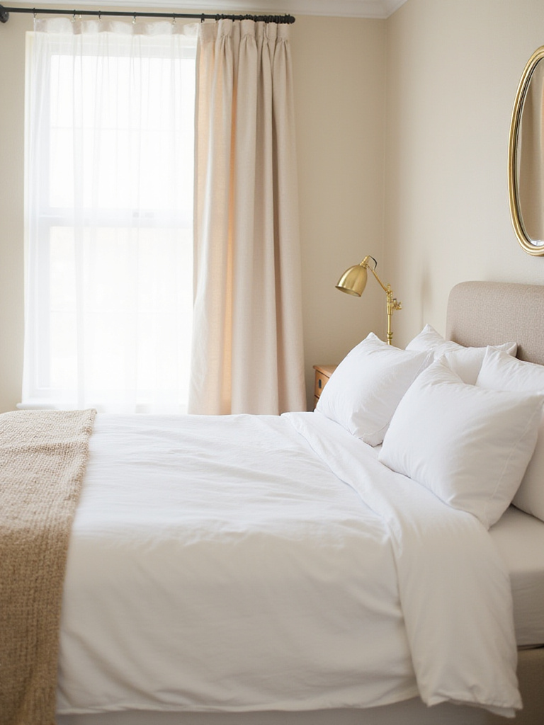 Beige bedroom with gold and brass accents for a serene aesthetic.