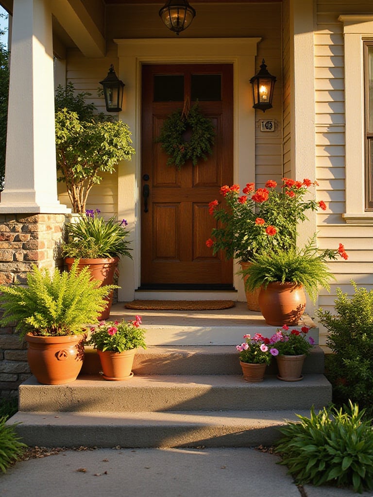 Welcoming front porch with potted plants and flowers