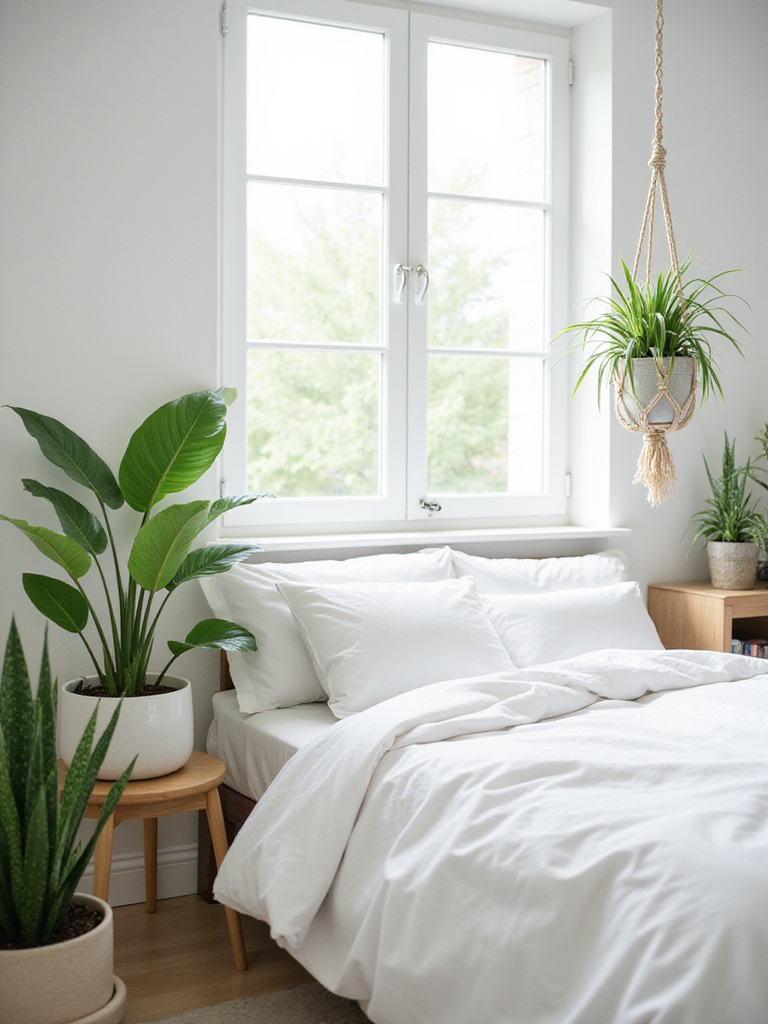 Bedroom with indoor plants creating a green and relaxing atmosphere