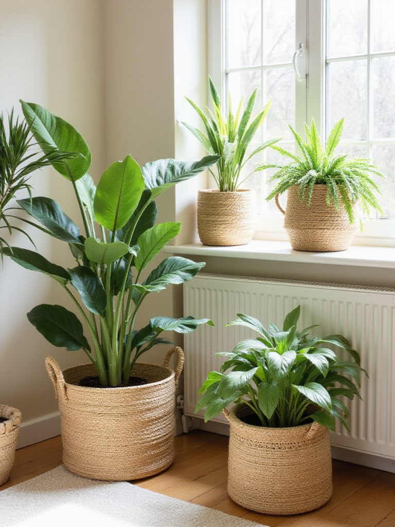 Beige bedroom with green plants in woven baskets