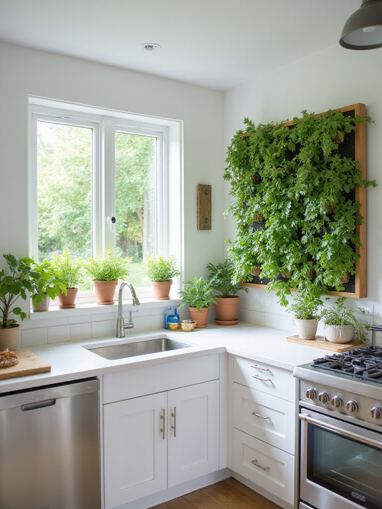 Modern kitchen with vertical garden and potted plants