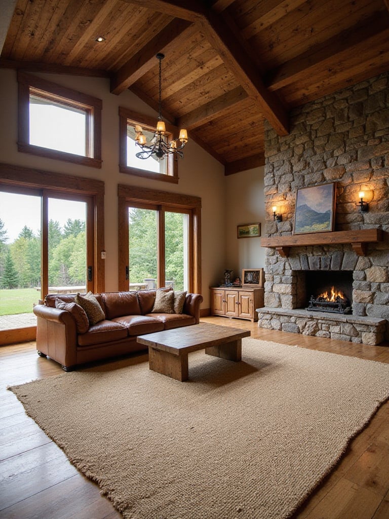 Rustic living room with jute rug, leather sofa, and stone fireplace