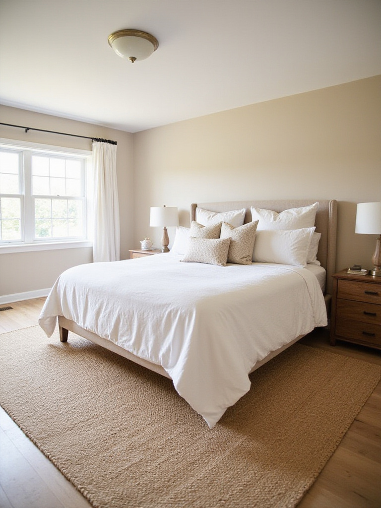 Farmhouse bedroom with a jute rug under the bed