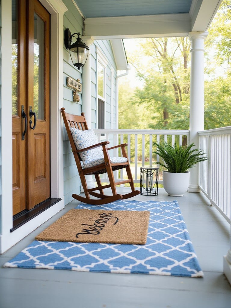 Front porch with blue and white geometric outdoor rug and layered doormat.