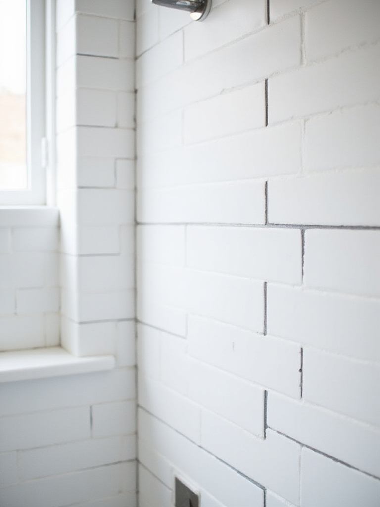 White subway tile bathroom wall with dark grey contrasting grout, highlighting the tile pattern.