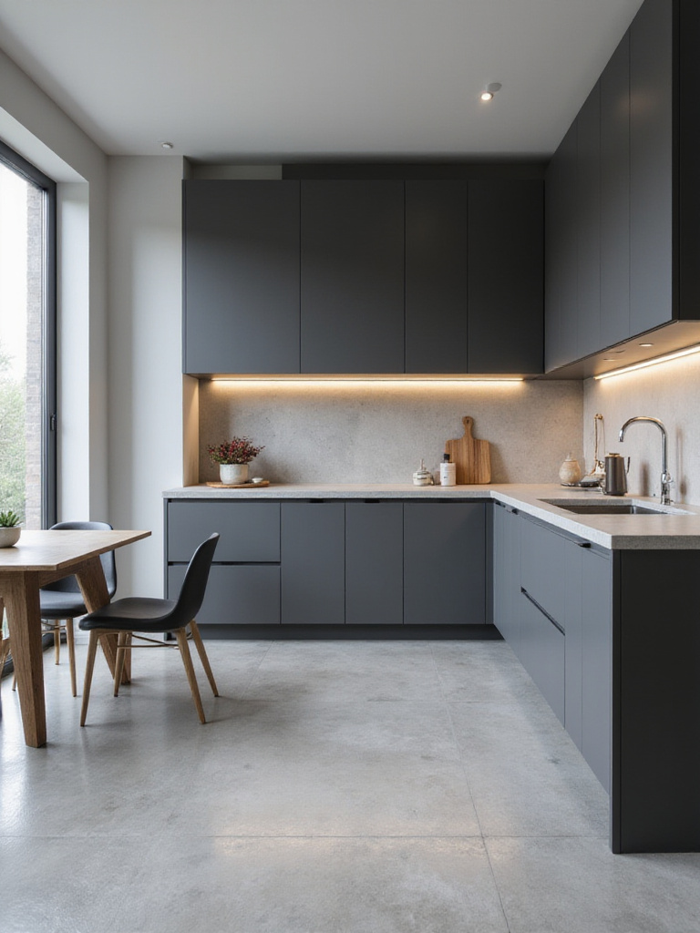Modern kitchen with sleek, handleless cabinets in dark gray