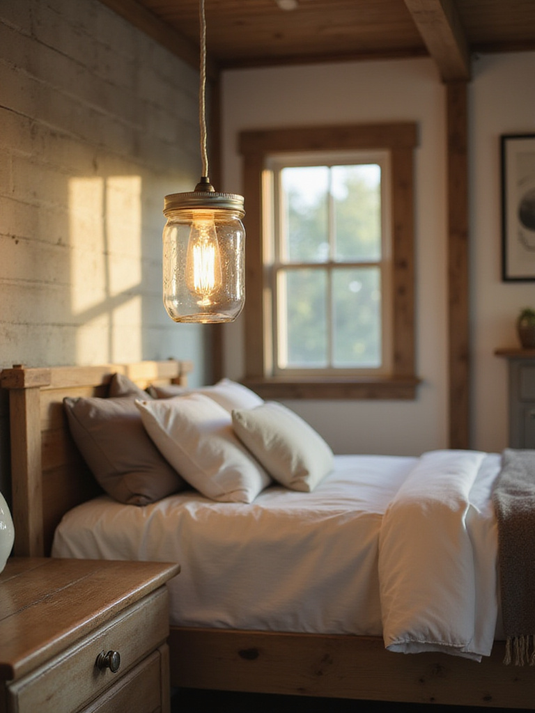 Farmhouse bedroom with mason jar pendant light above a nightstand