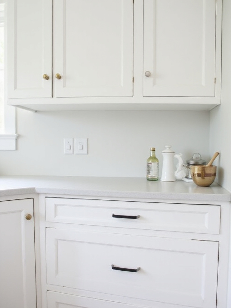 Modern kitchen with white cabinets featuring brushed brass knobs and matte black pulls.