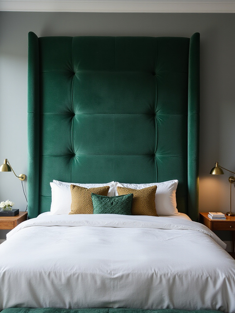 Emerald green velvet tufted headboard in a modern bedroom.