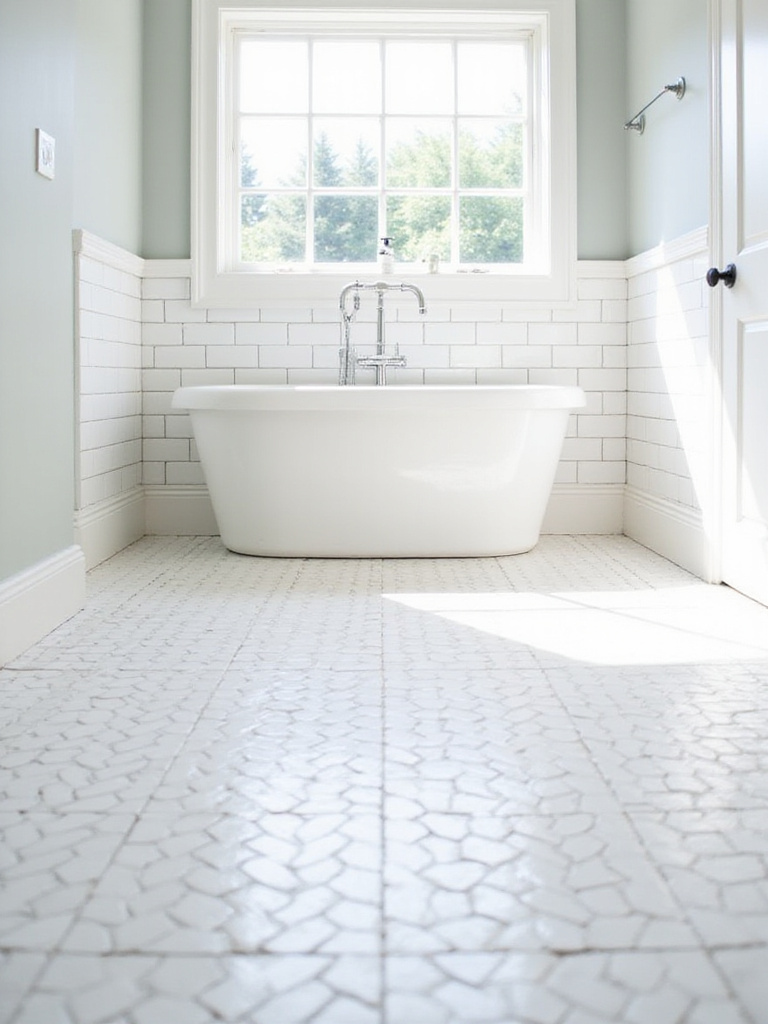 Modern bathroom floor tiled with small white subway tiles in a herringbone pattern.