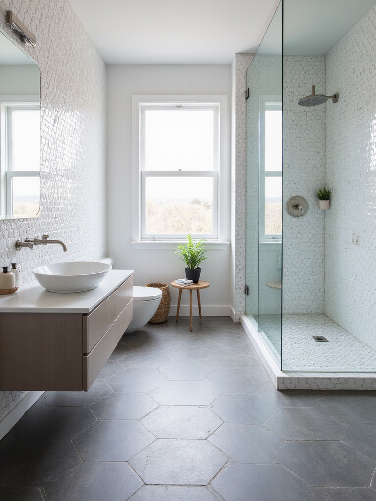 Modern bathroom with grey hexagon floor tiles and white hexagon wall tiles, showcasing geometric design.