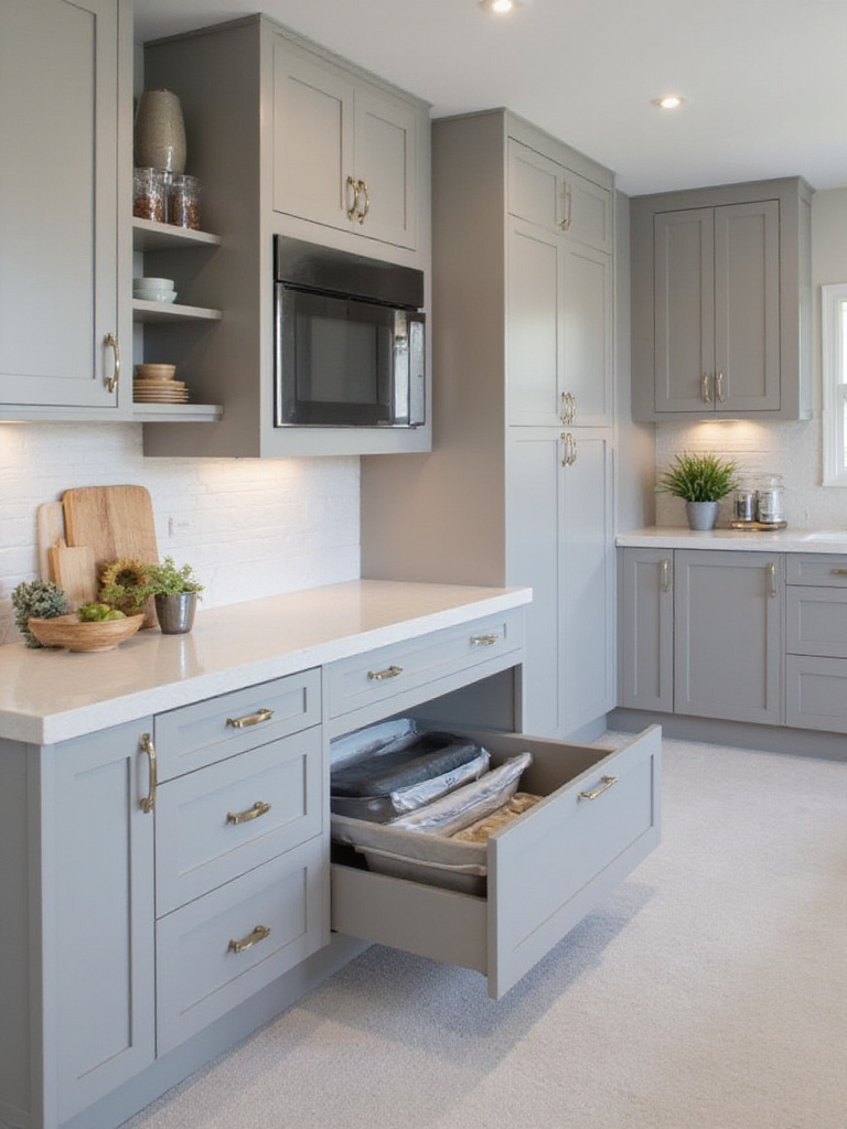 Modern kitchen with hidden storage solutions including toe-kick drawers, hidden trash compartment, and concealed knife rack.