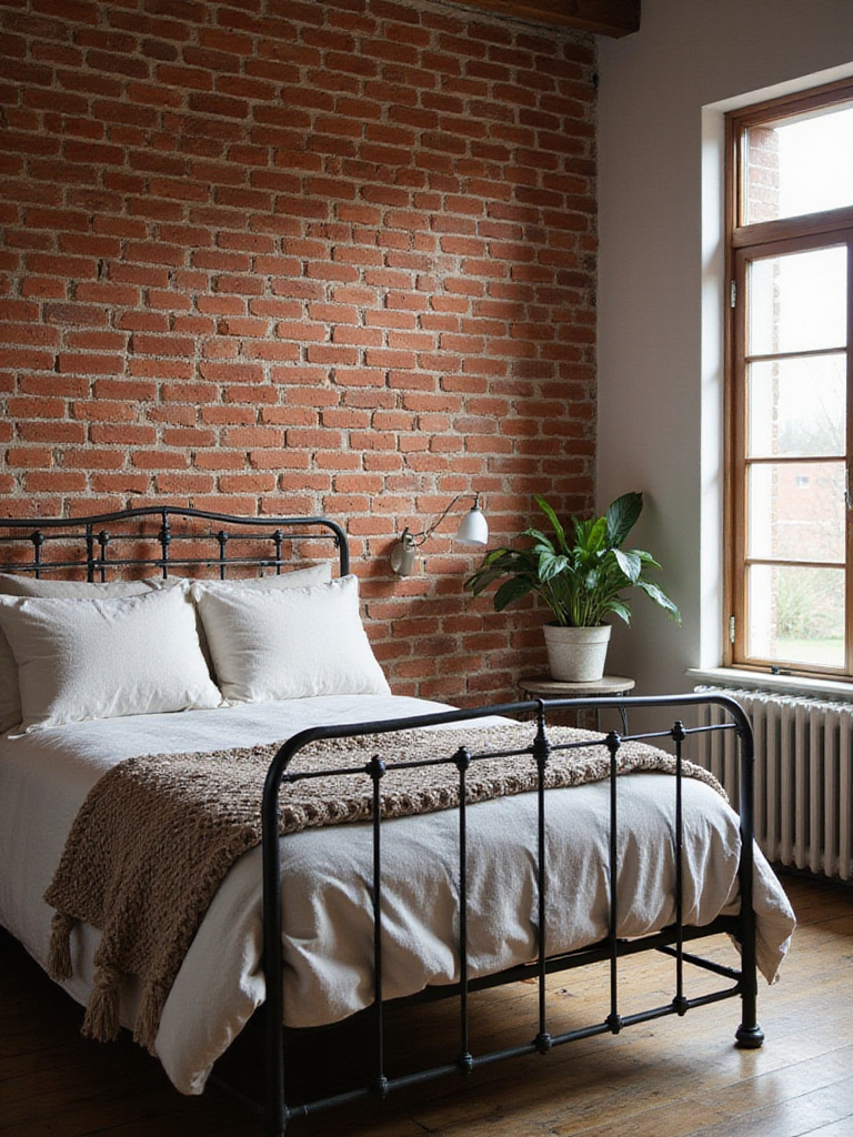 Farmhouse bedroom with exposed brick wall and metal bed frame.