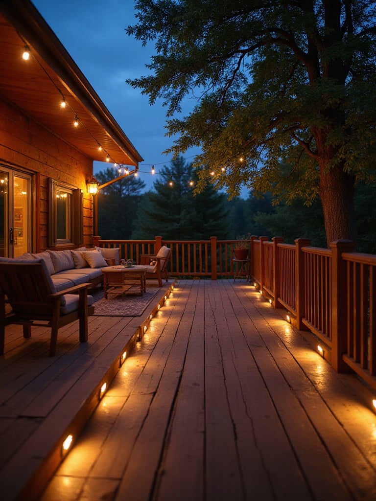 Wooden deck at twilight illuminated with string lights and recessed lighting.