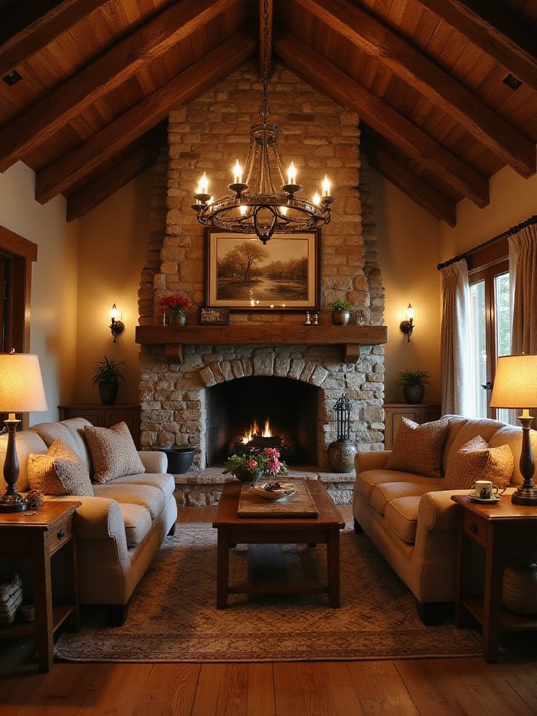 Rustic living room illuminated with warm, vintage-style lighting fixtures, including a wrought iron chandelier, wooden table lamps, and Edison bulb sconces.