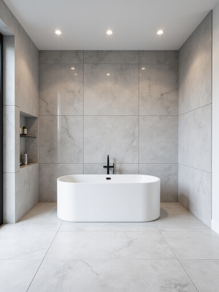 Luxurious modern bathroom with seamless floor-to-ceiling large format light grey marble-look tiles creating a spa-like atmosphere around a freestanding bathtub.