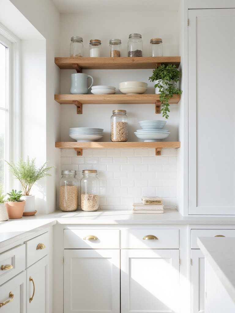 Open natural wood shelves displaying dishes, jars, and plants in a bright white kitchen with shaker cabinets.