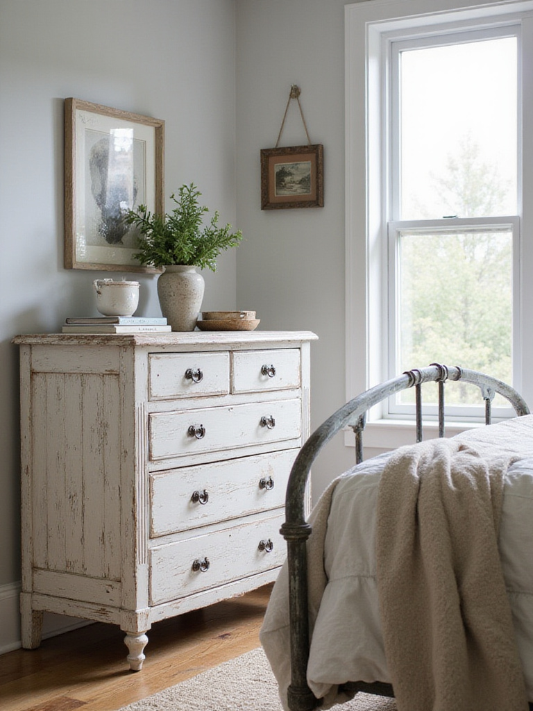 Farmhouse bedroom with vintage distressed dresser and metal bed frame