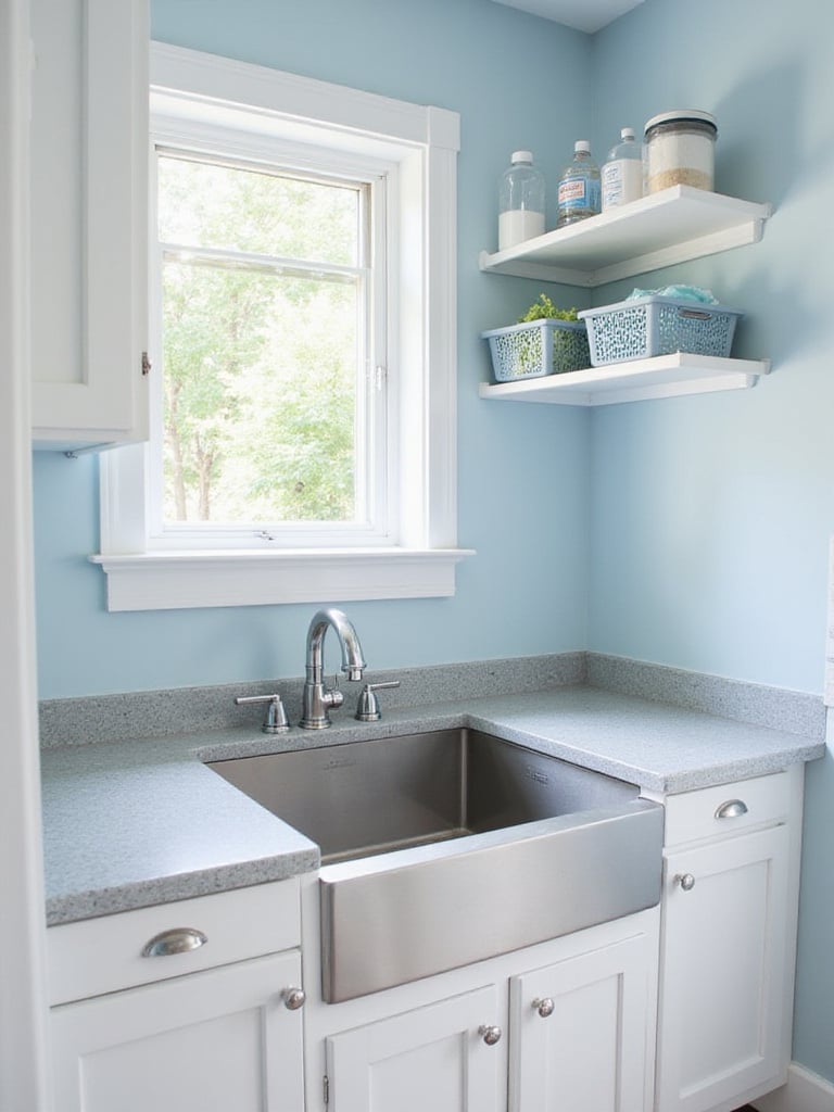 Laundry room with deep stainless steel utility sink and organized cleaning supplies