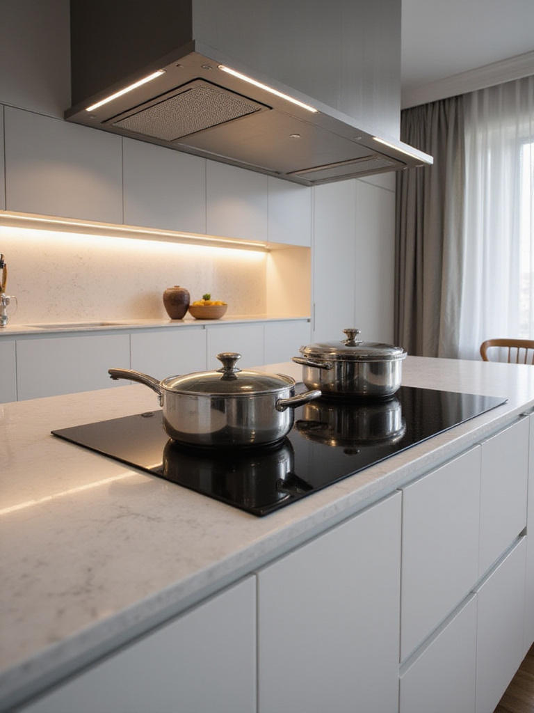 Sleek induction cooktop integrated into a modern luxury kitchen countertop.