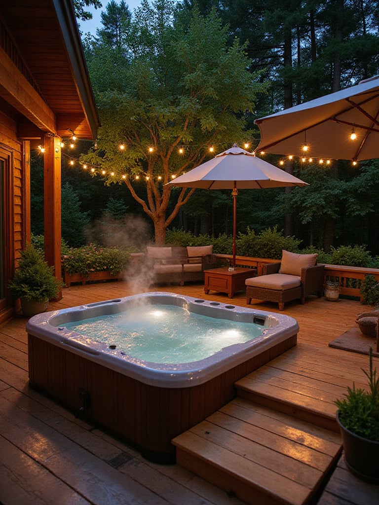 Hot tub on a wooden deck surrounded by plants and ambient lighting