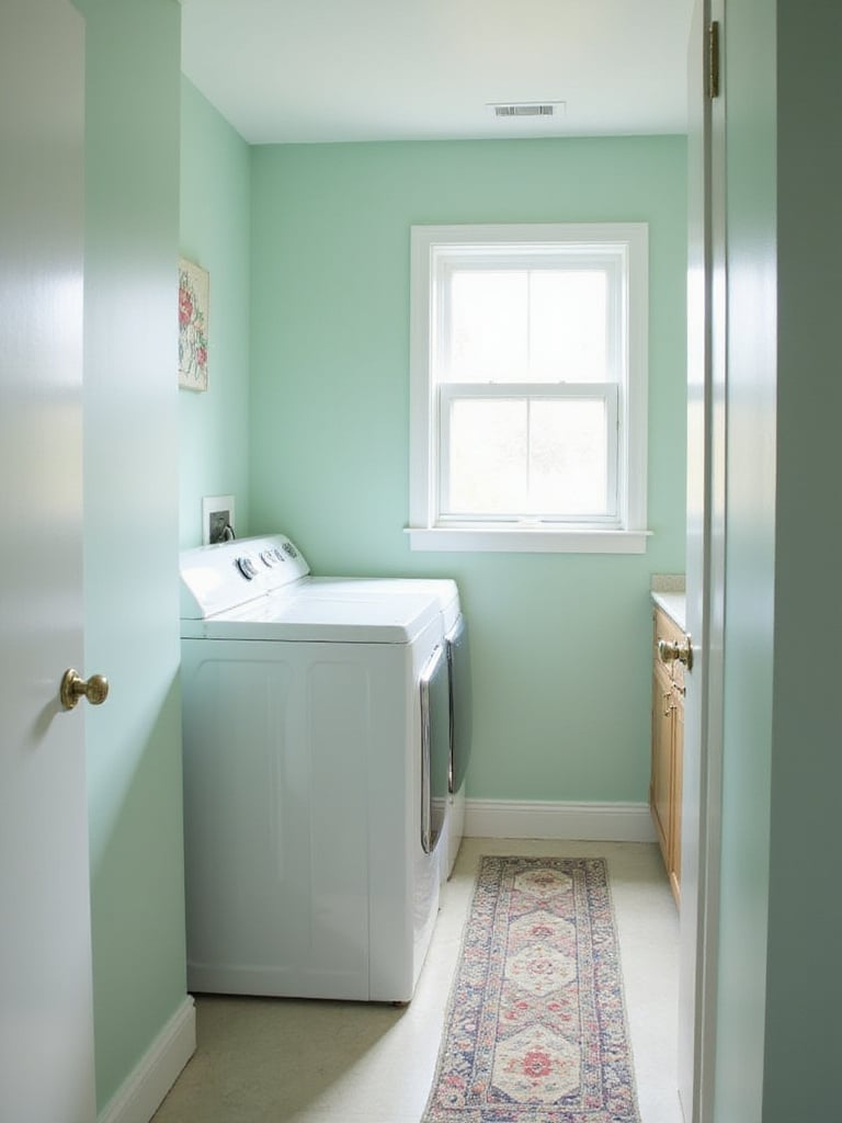 Laundry room with mint green walls and white appliances.