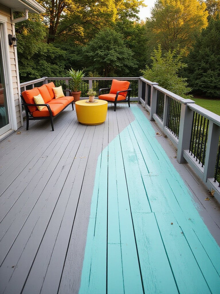 Colorful two-tone decking with turquoise border and modern outdoor furniture.