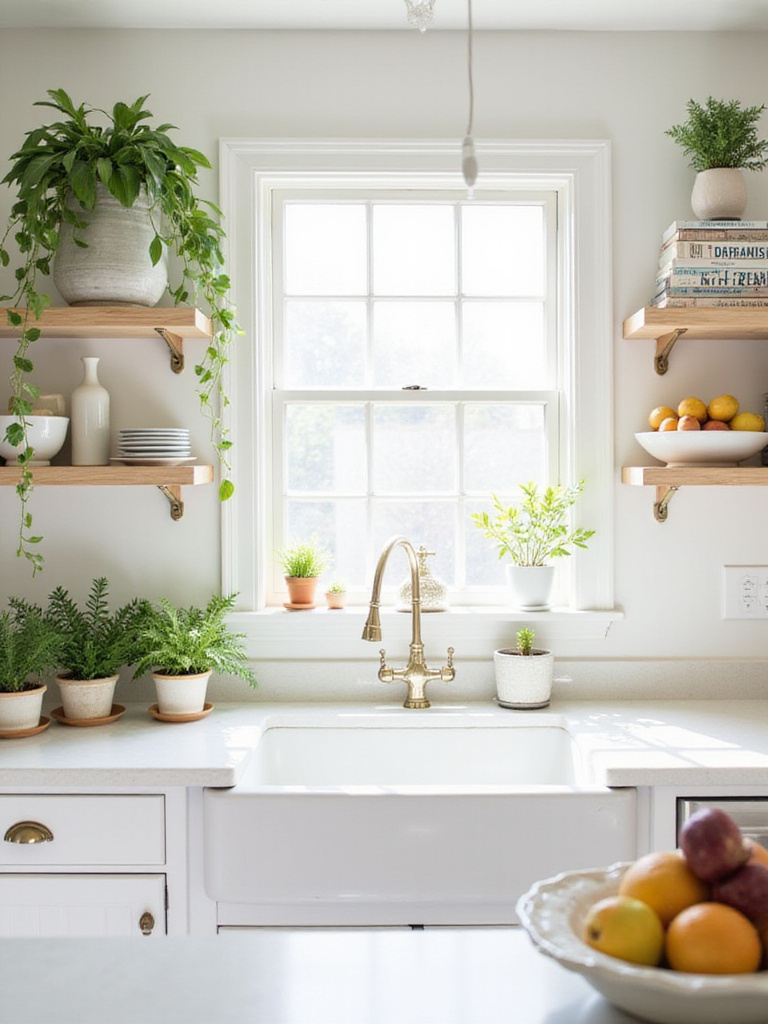 Bright white kitchen with open shelves decorated with green plants, ceramic bowls, and cookbooks, adding personality and warmth to the space.