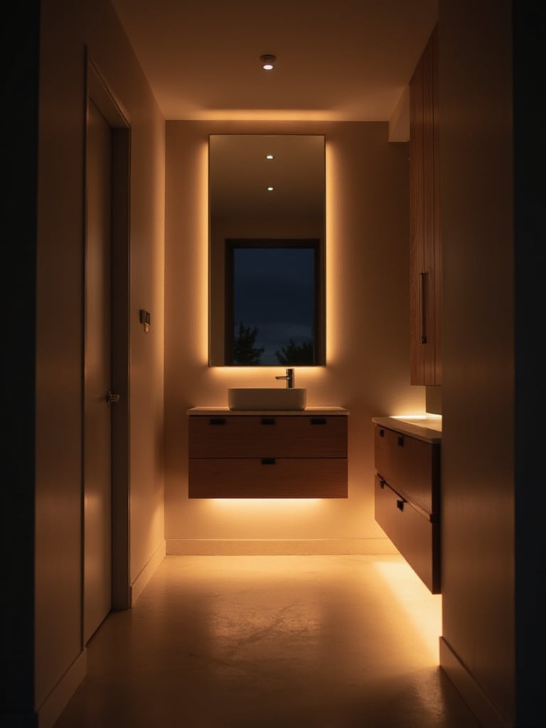 Bathroom with soft, warm LED night lighting under the vanity cabinet