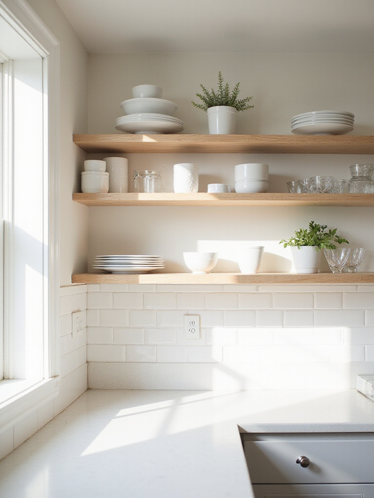 Bright and airy kitchen with open shelving displaying white dishes and glassware.
